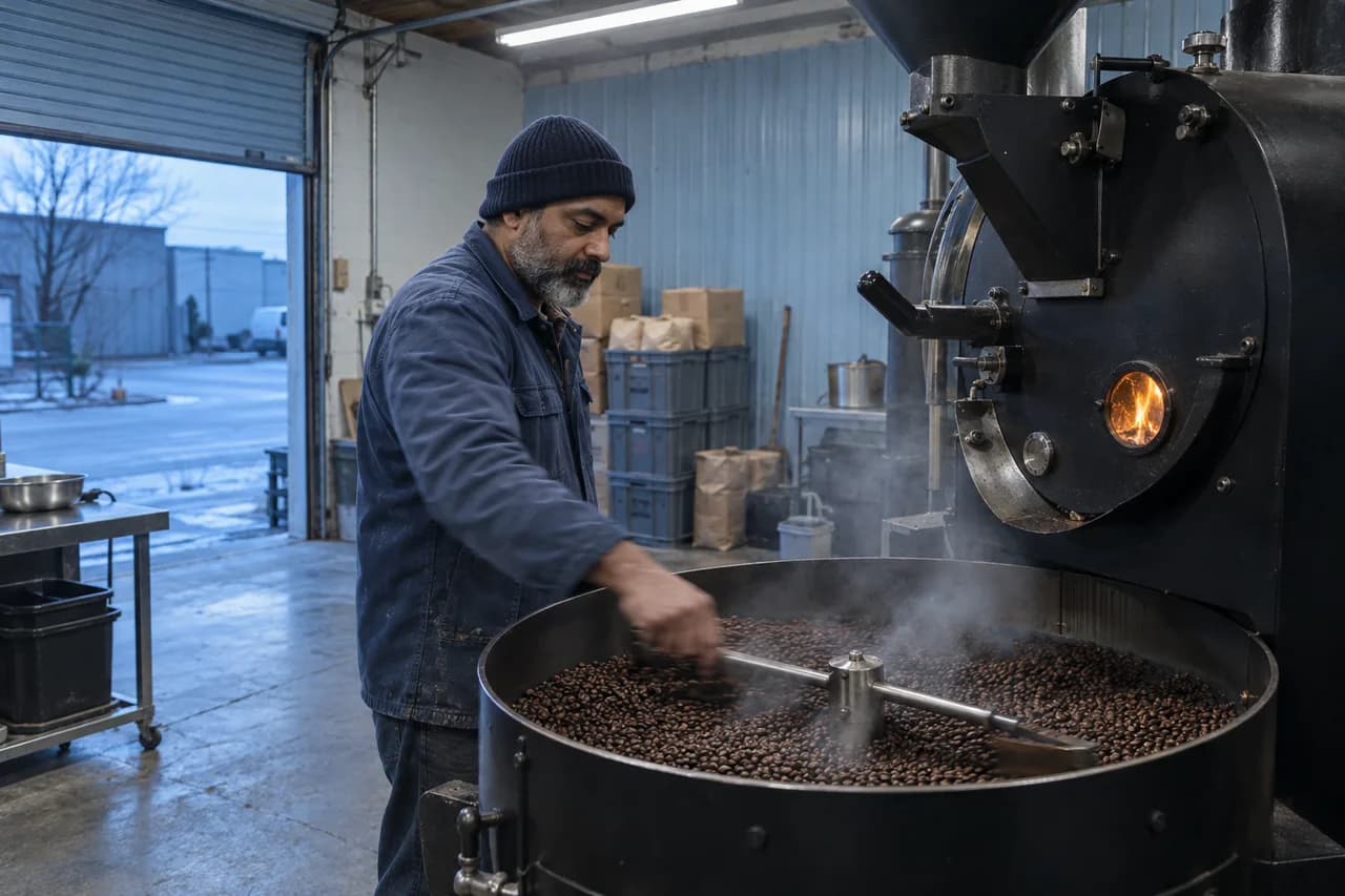 The owner of an invented coffee roastery stirring beans in the cooling tray at dawn