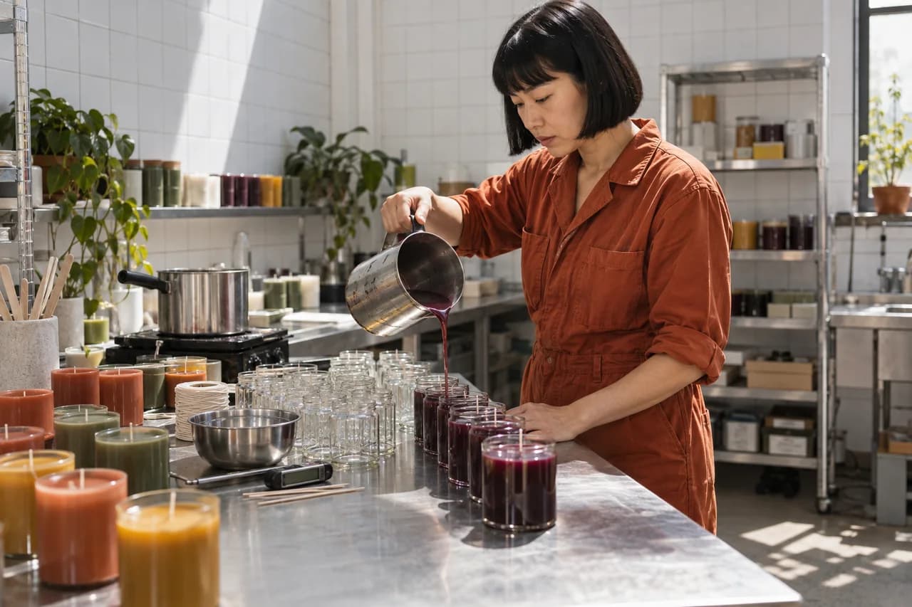 The owner of an invented candle workshop pouring wax into a row of jars in bright sun