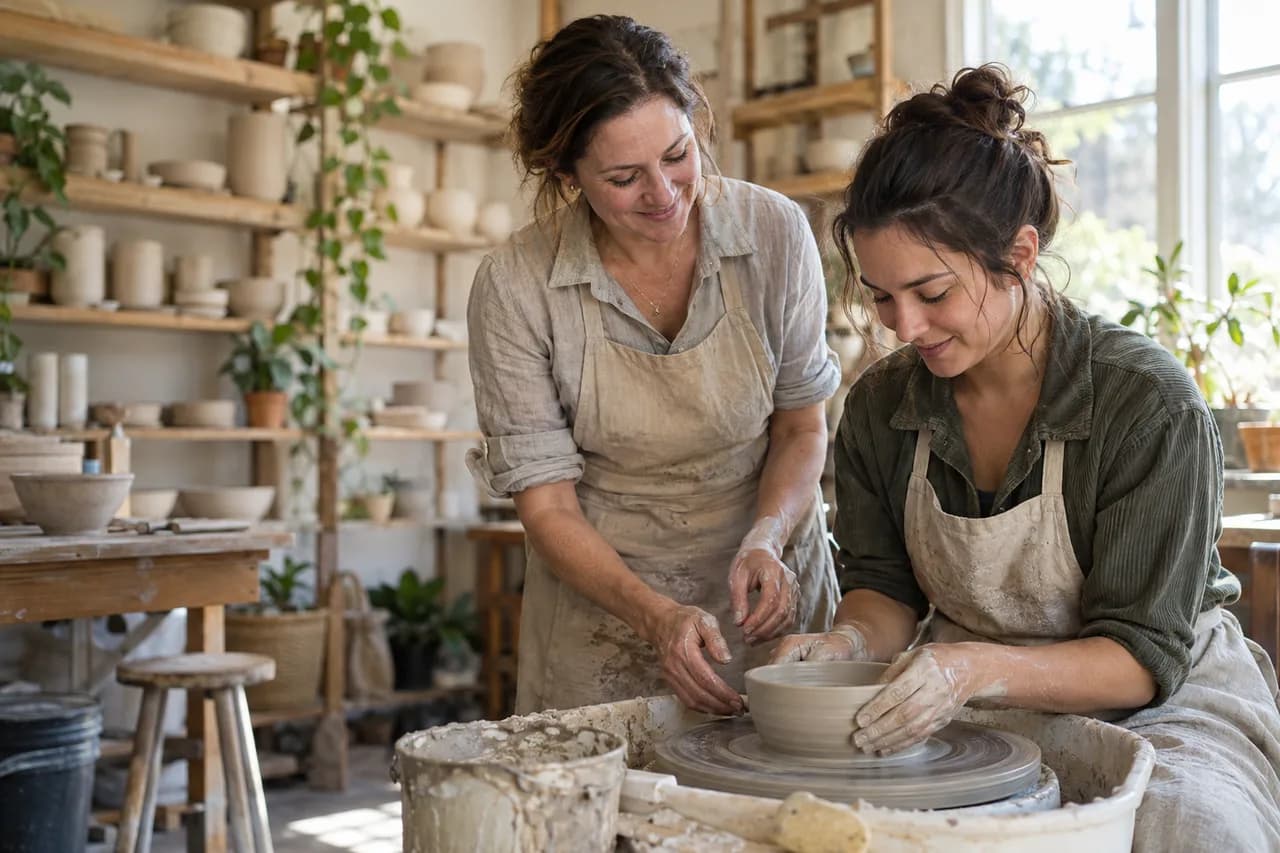 The owner of an invented pottery studio guiding a student at the wheel