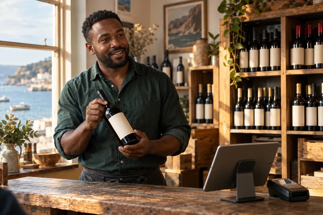 The owner of an invented wine shop holding a bottle behind his counter