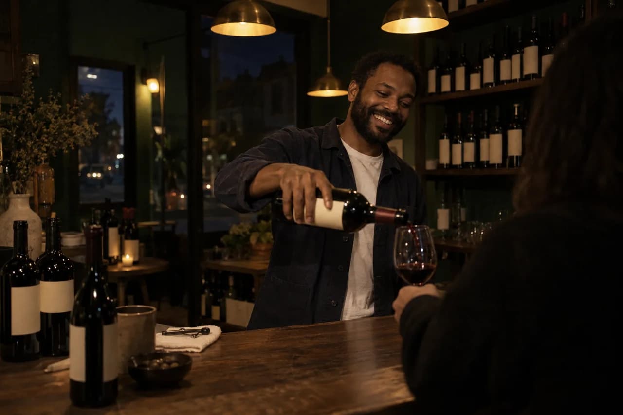 The owner of an invented wine shop pouring a glass for a customer at an evening tasting