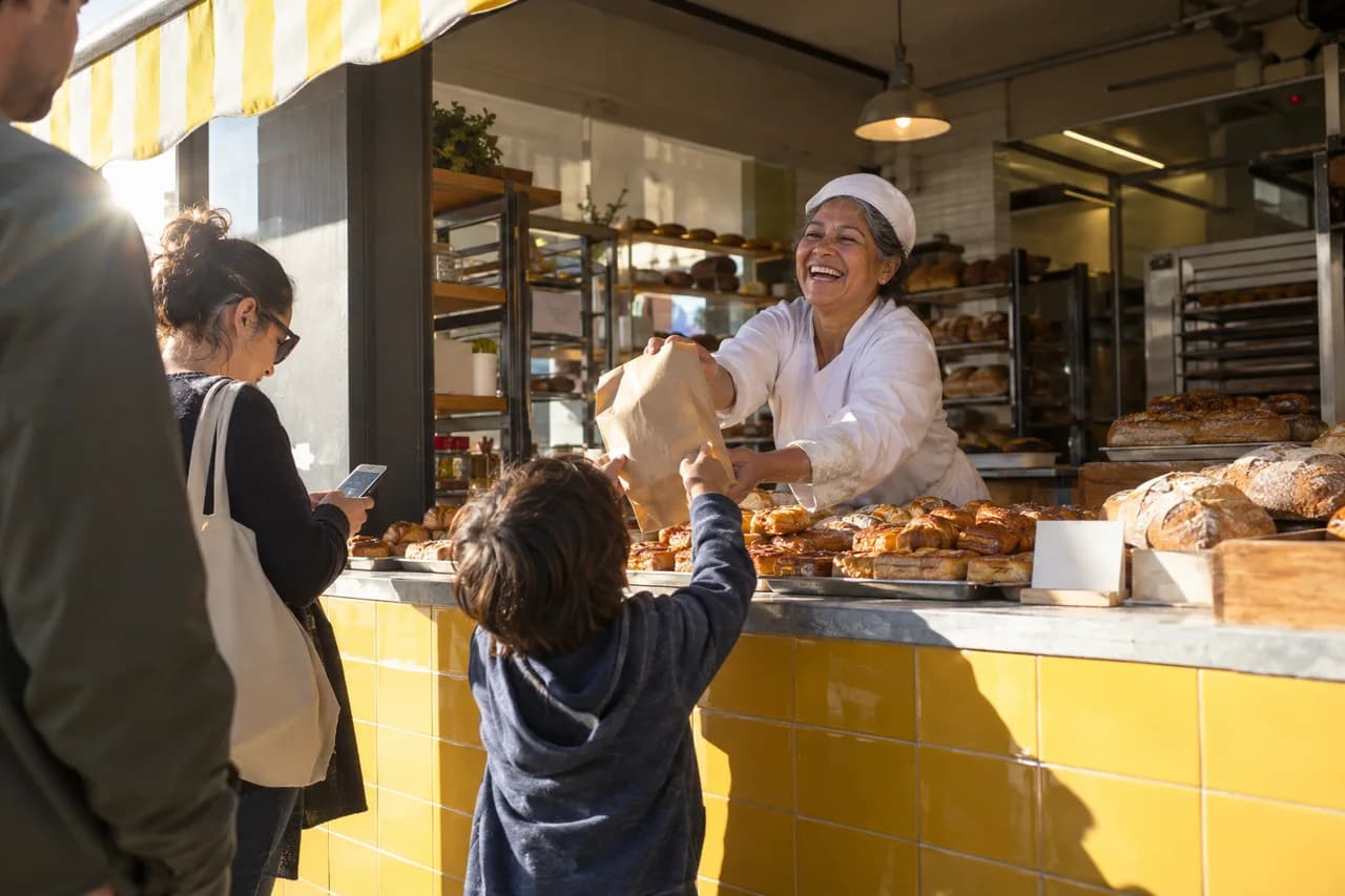 The owner of an invented bakery laughing as she hands a paper bag over the counter to a child