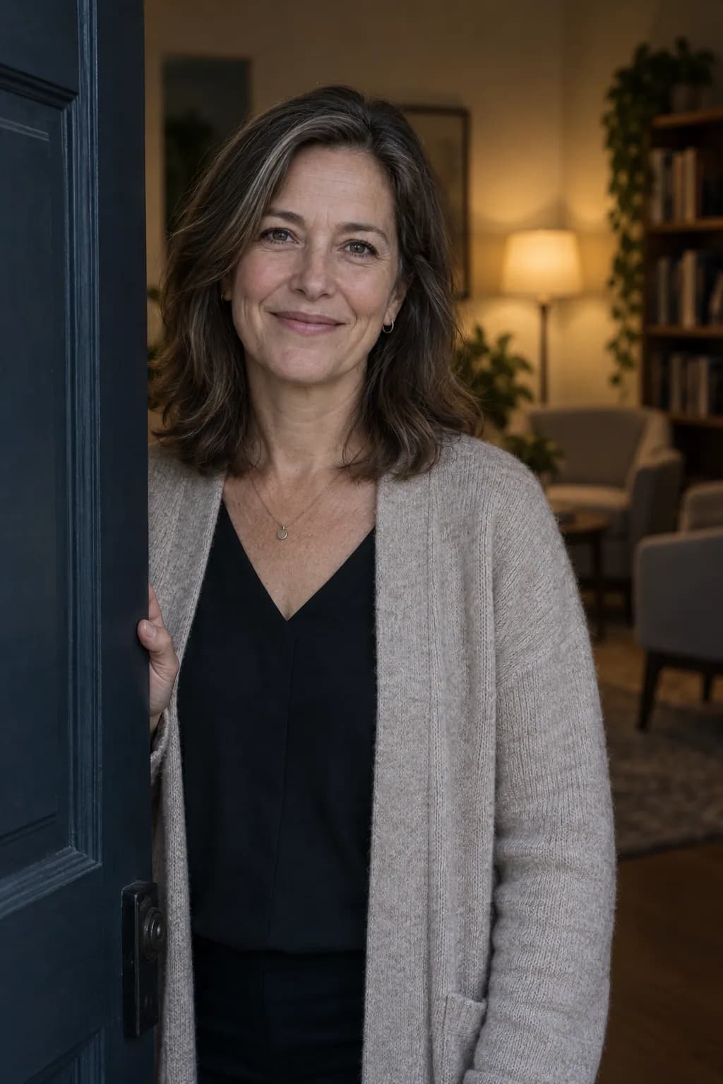 A therapist holding the door of her practice open, two armchairs and a lamp in the room behind her