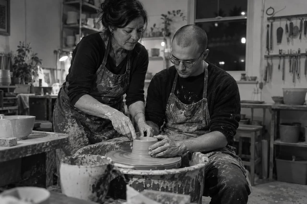 The owner of an invented pottery studio steadying a student's clay at the wheel, in black and white