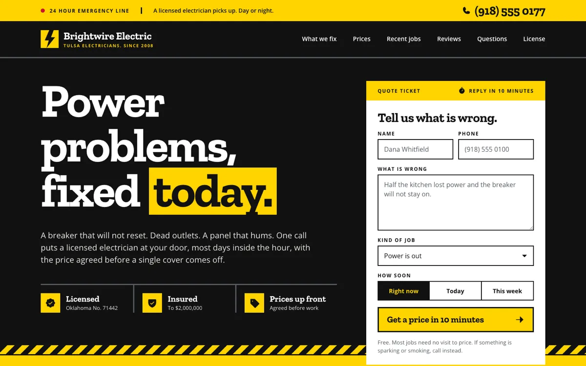 The first screen of the Brightwire Electric website.