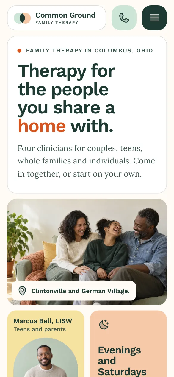 The Common Ground Family Therapy website on a phone.