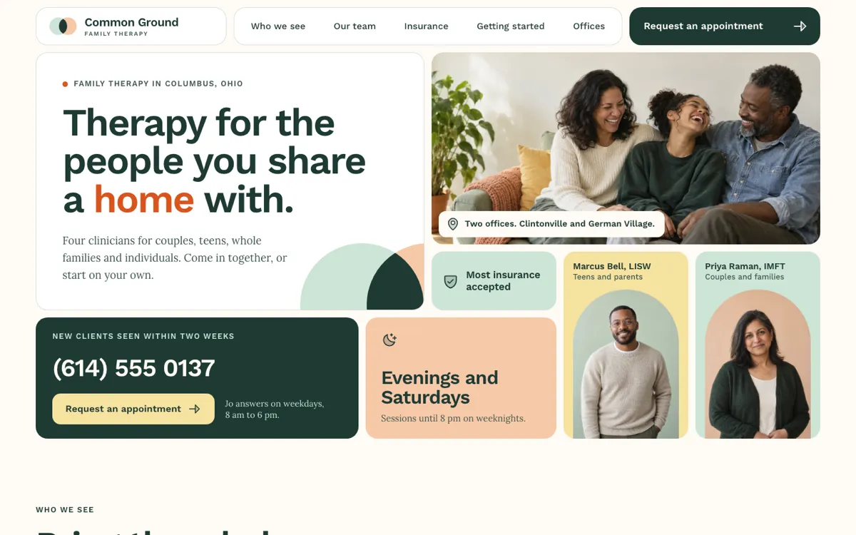 The first screen of the Common Ground Family Therapy website.