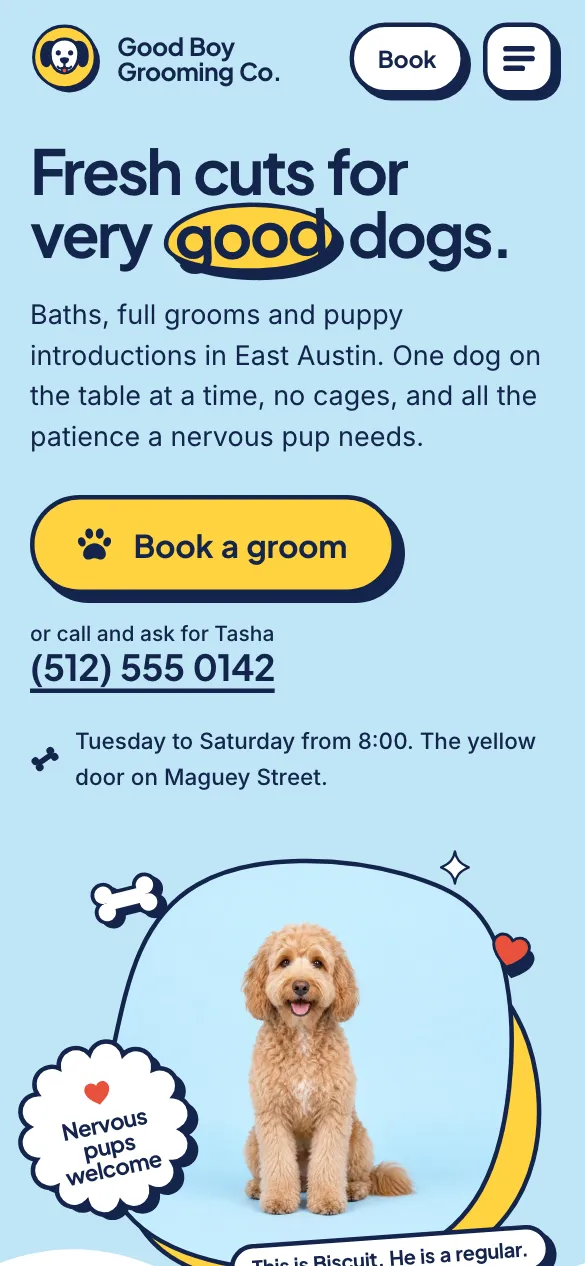The Good Boy Grooming Co. website on a phone.