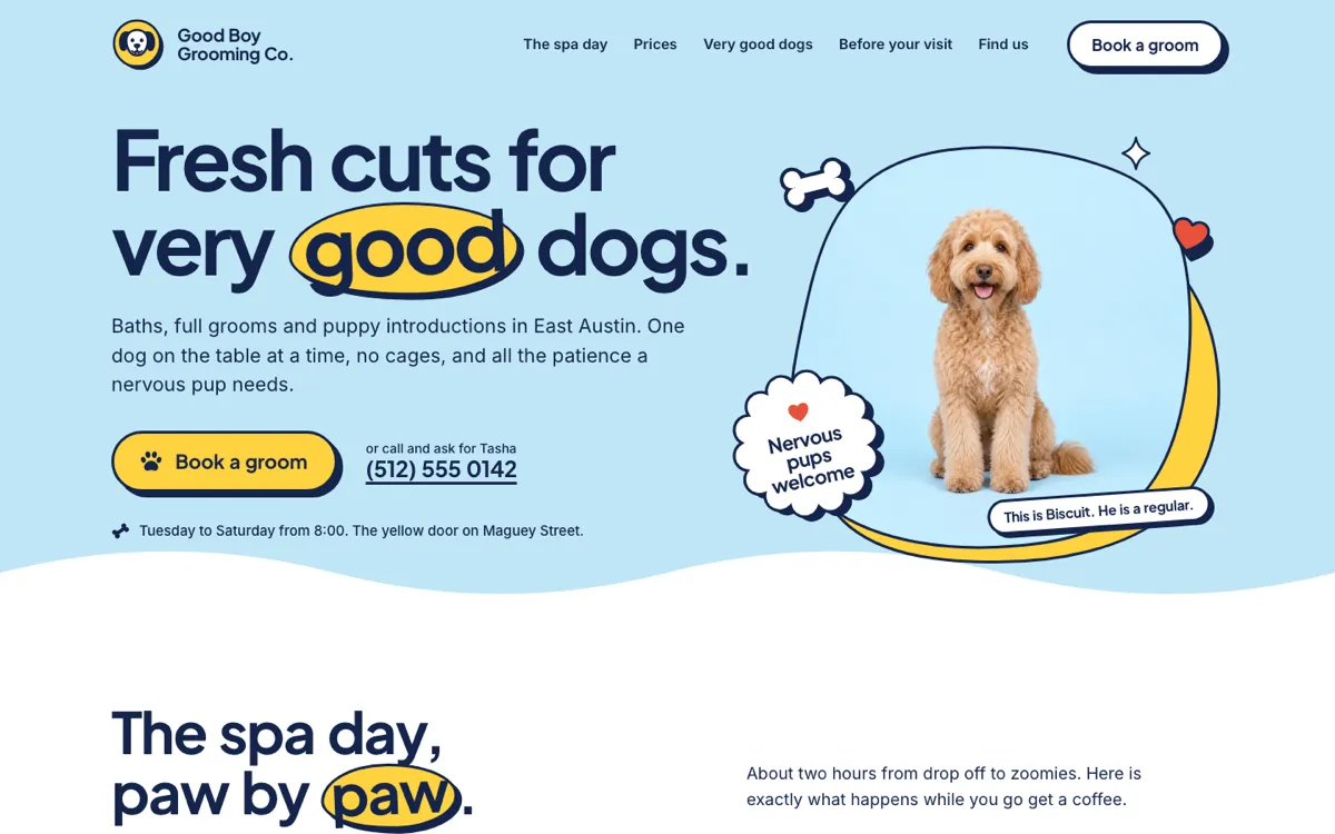 The first screen of the Good Boy Grooming Co. website.