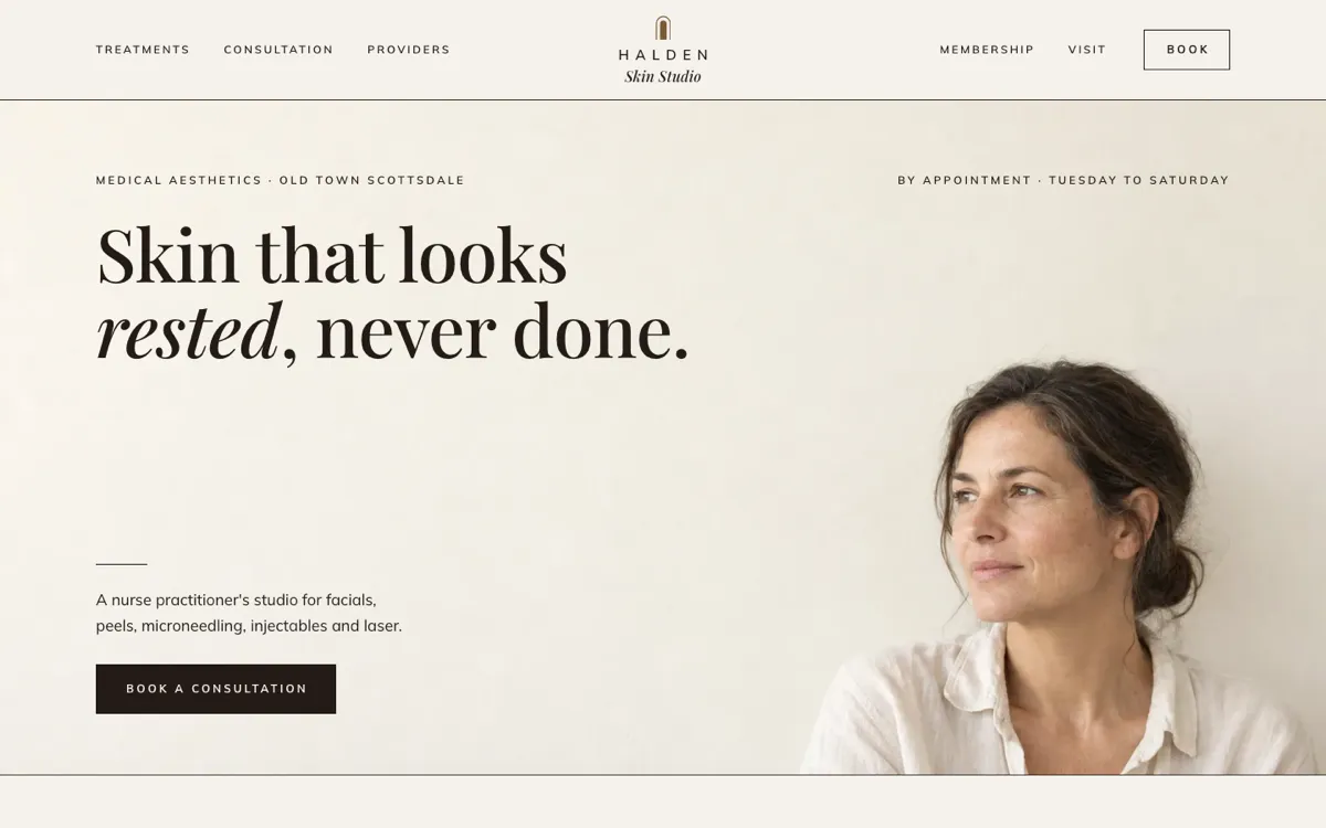 The first screen of the Halden Skin Studio website.