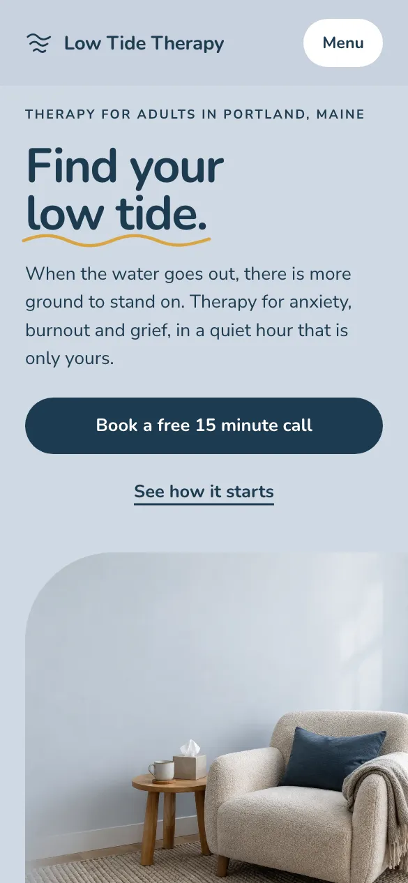 The Low Tide Therapy website on a phone.