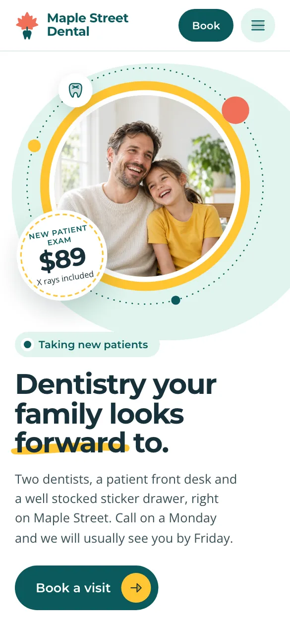 The Maple Street Dental website on a phone.