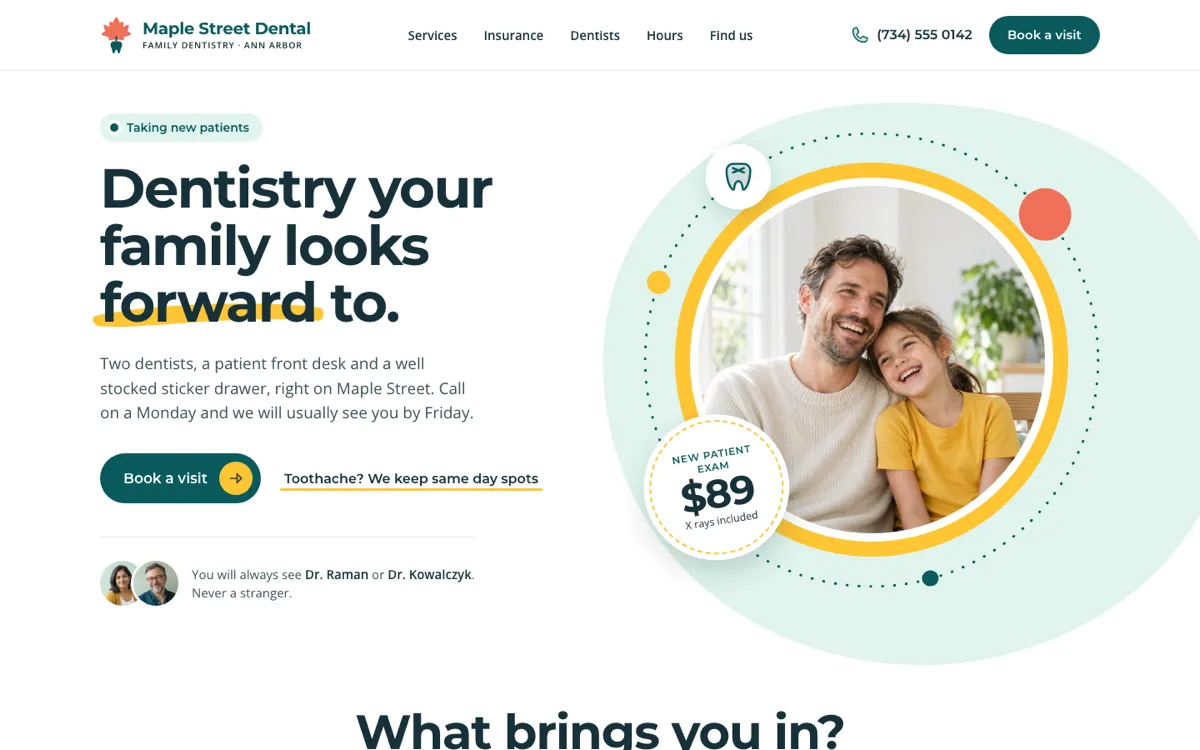 The first screen of the Maple Street Dental website.