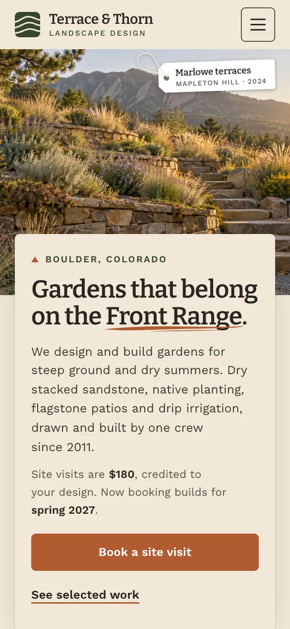 The Terrace & Thorn Landscape Design website on a phone.
