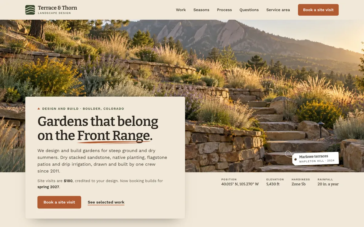 The first screen of the Terrace & Thorn Landscape Design website.