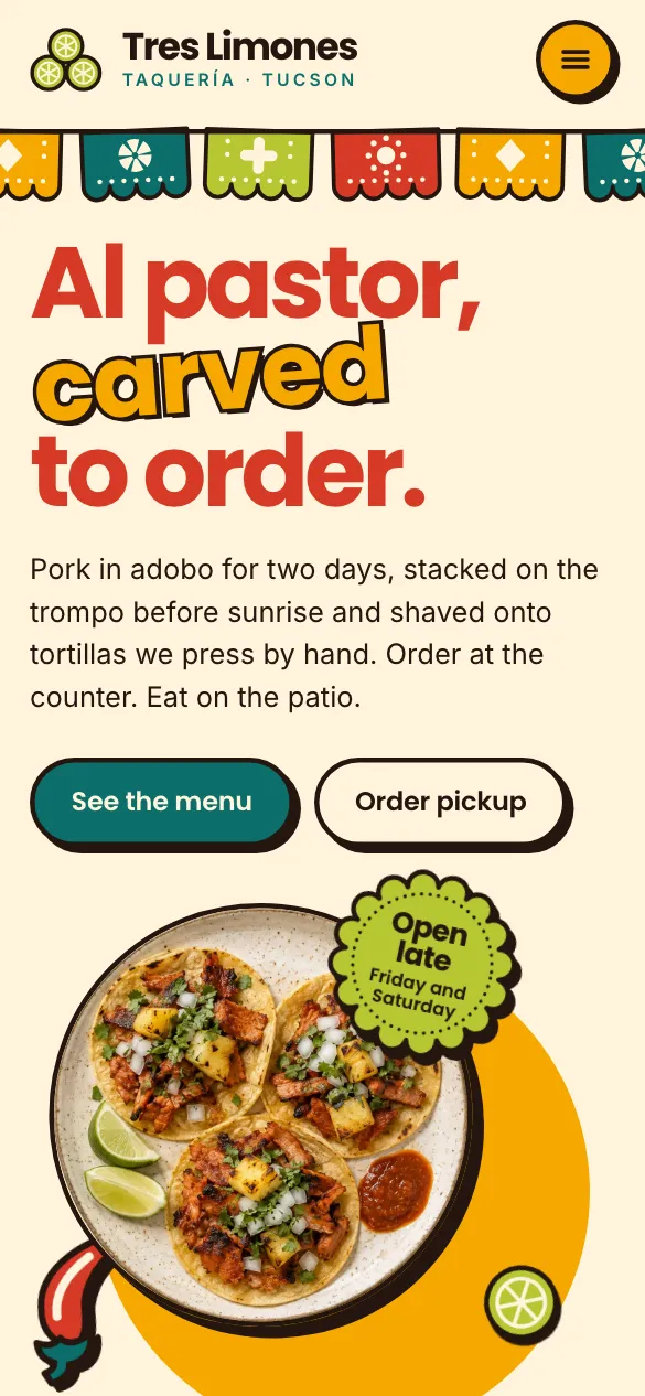 The Tres Limones website on a phone.