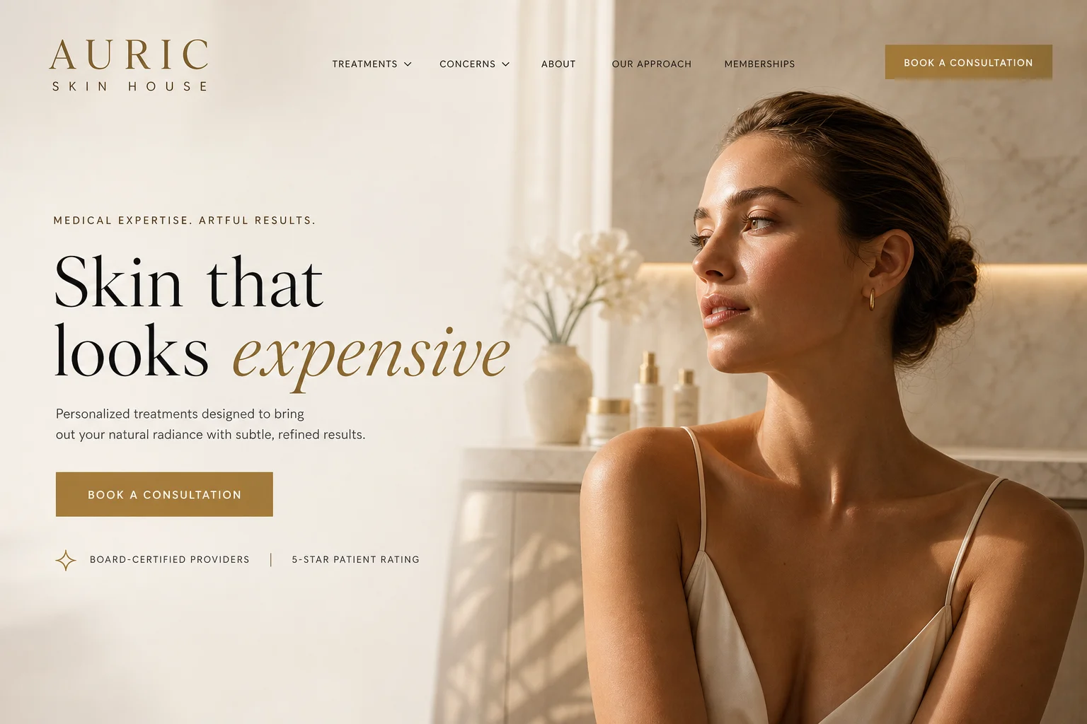 Auric Skin House med spa homepage concept with a luxury editorial split layout and warm gold accents