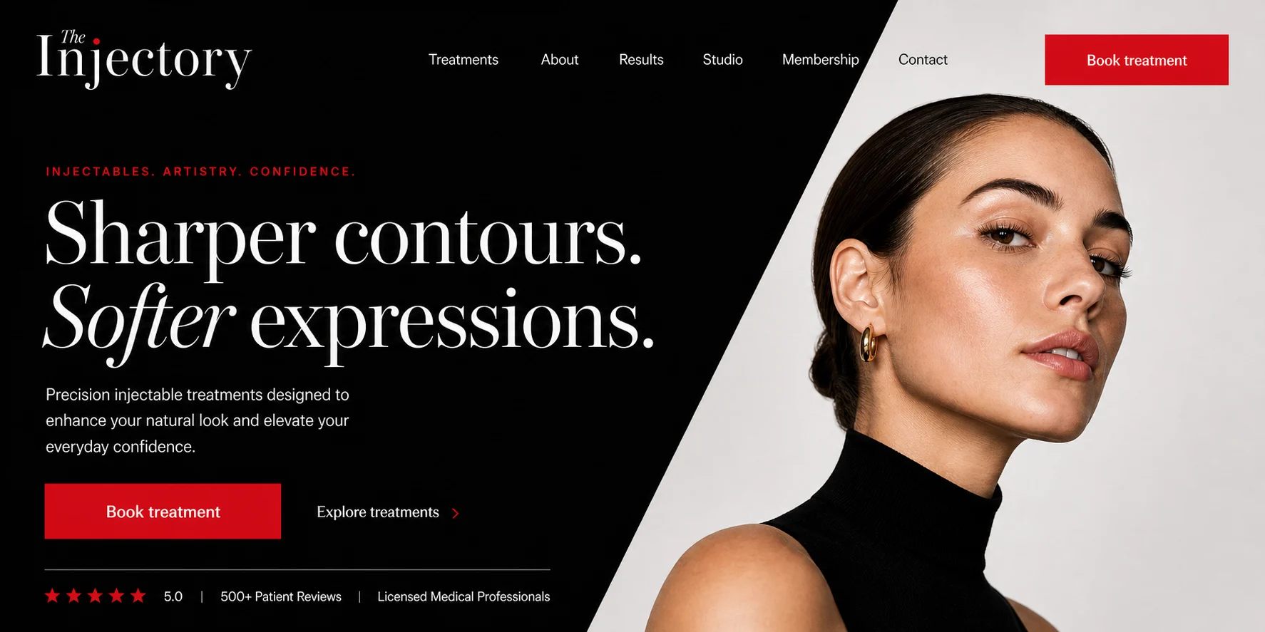 The Injectory injectable studio homepage concept with a bold black and red editorial hero