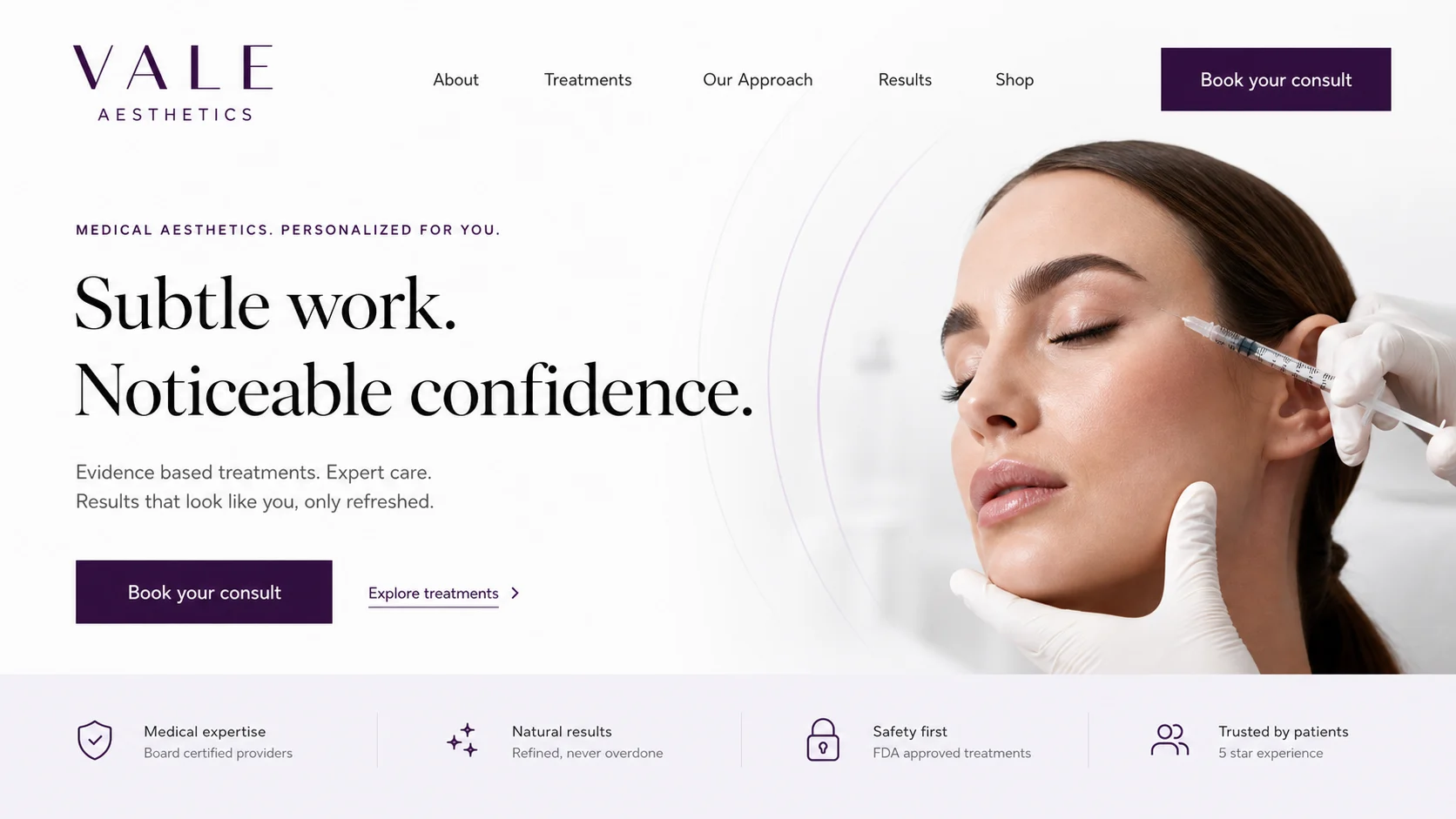 Vale Aesthetics med spa homepage concept with a clean clinical layout and deep plum calls to action