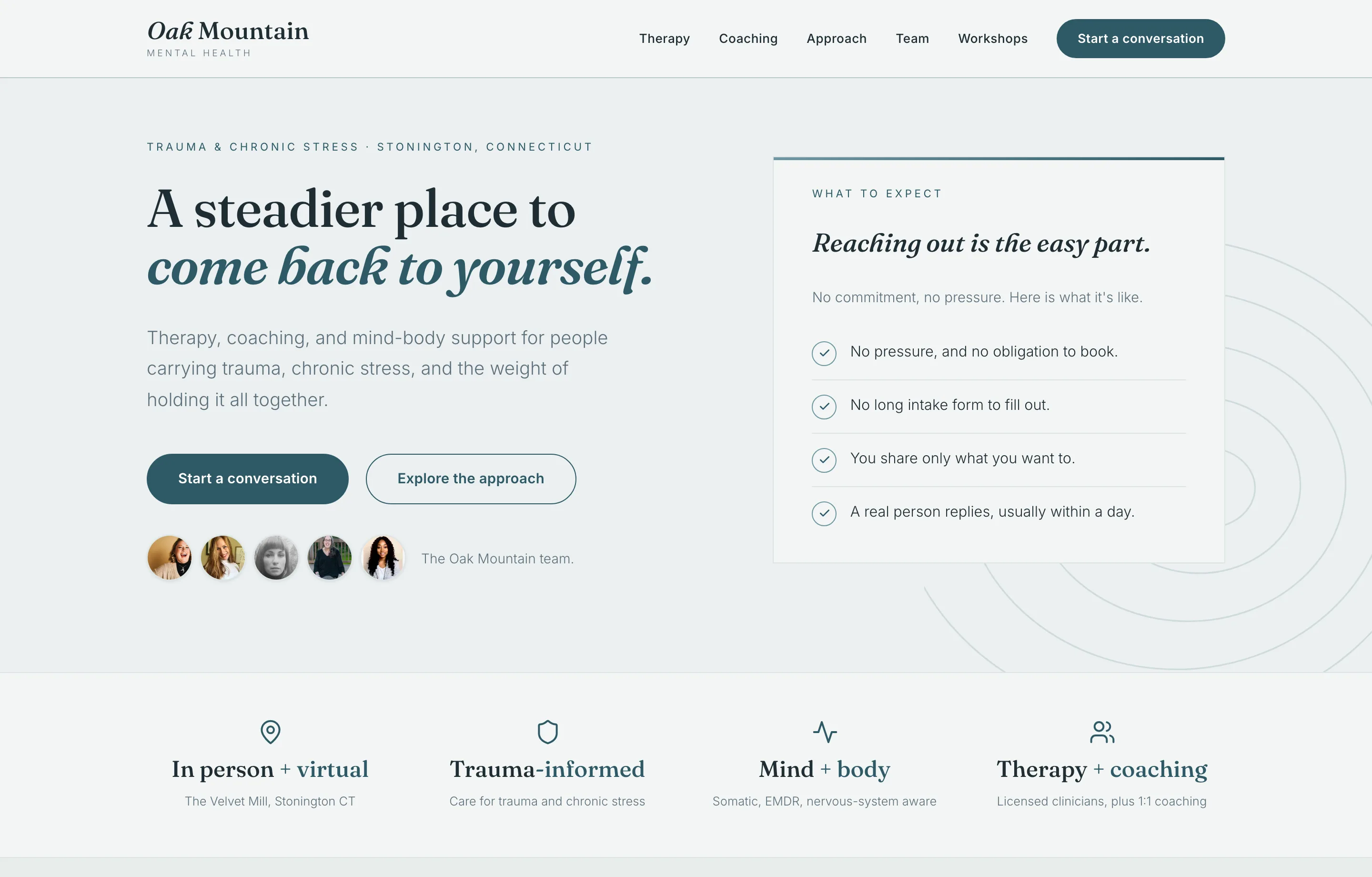 Sample homepage rebuild for Oak Mountain Mental Health: a calm split hero with the headline 'A steadier place to come back to yourself' and a 'what to expect' checklist