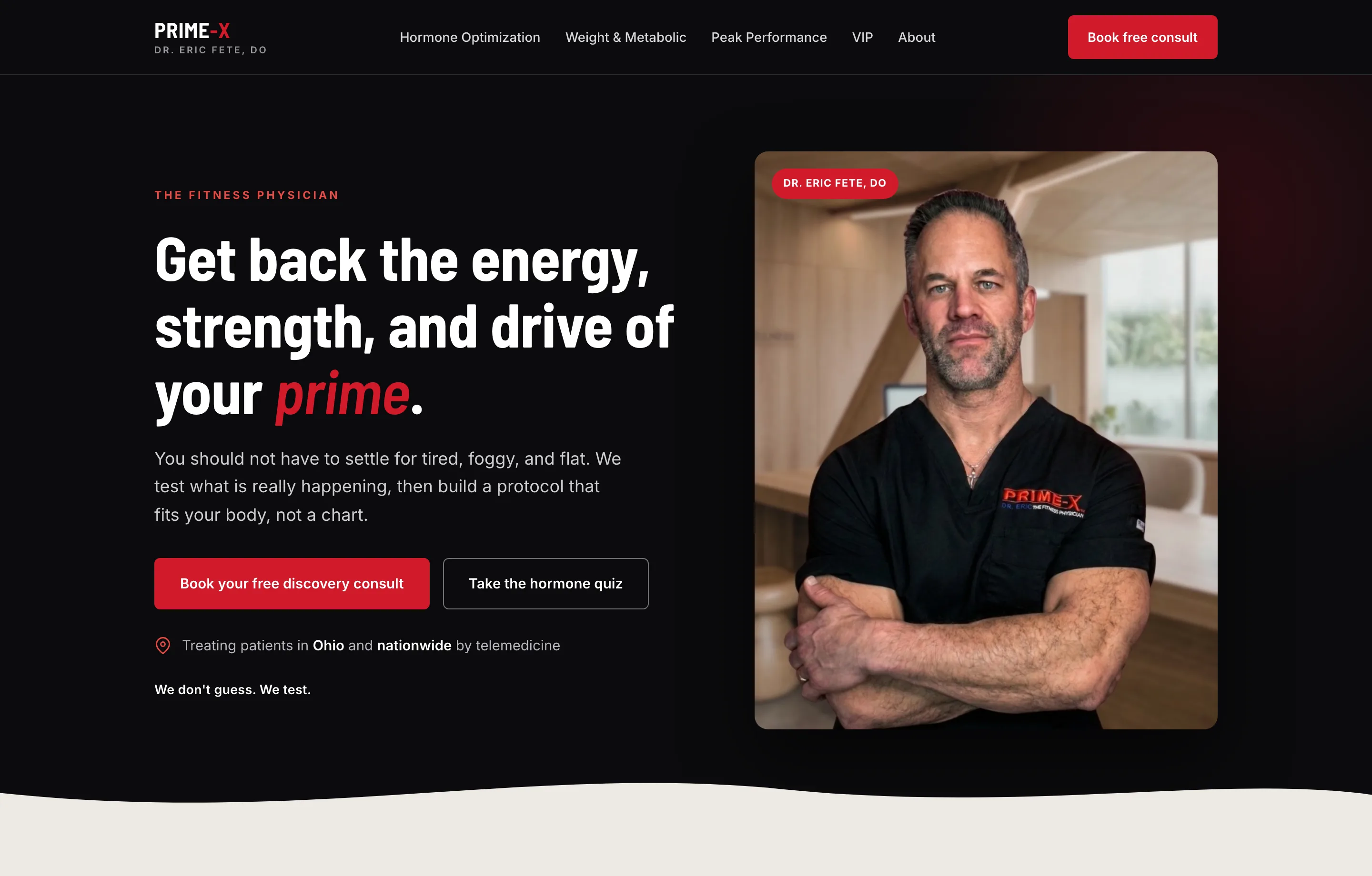 Sample homepage rebuild for PRIME-X, the practice of Dr. Eric Fete, DO: a bold dark hero with the headline 'Get back the energy, strength, and drive of your prime'