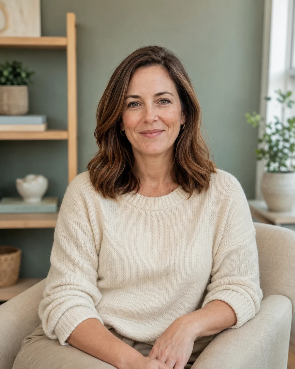 Illustrative portrait of a welcoming person in a calm counseling room