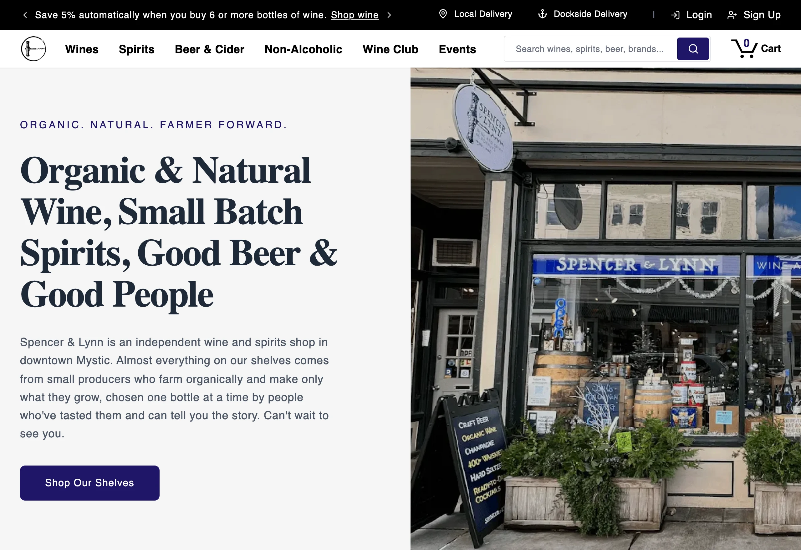 Spencer & Lynn’s public storefront, with its Mystic shop photograph and organic and natural wine collection